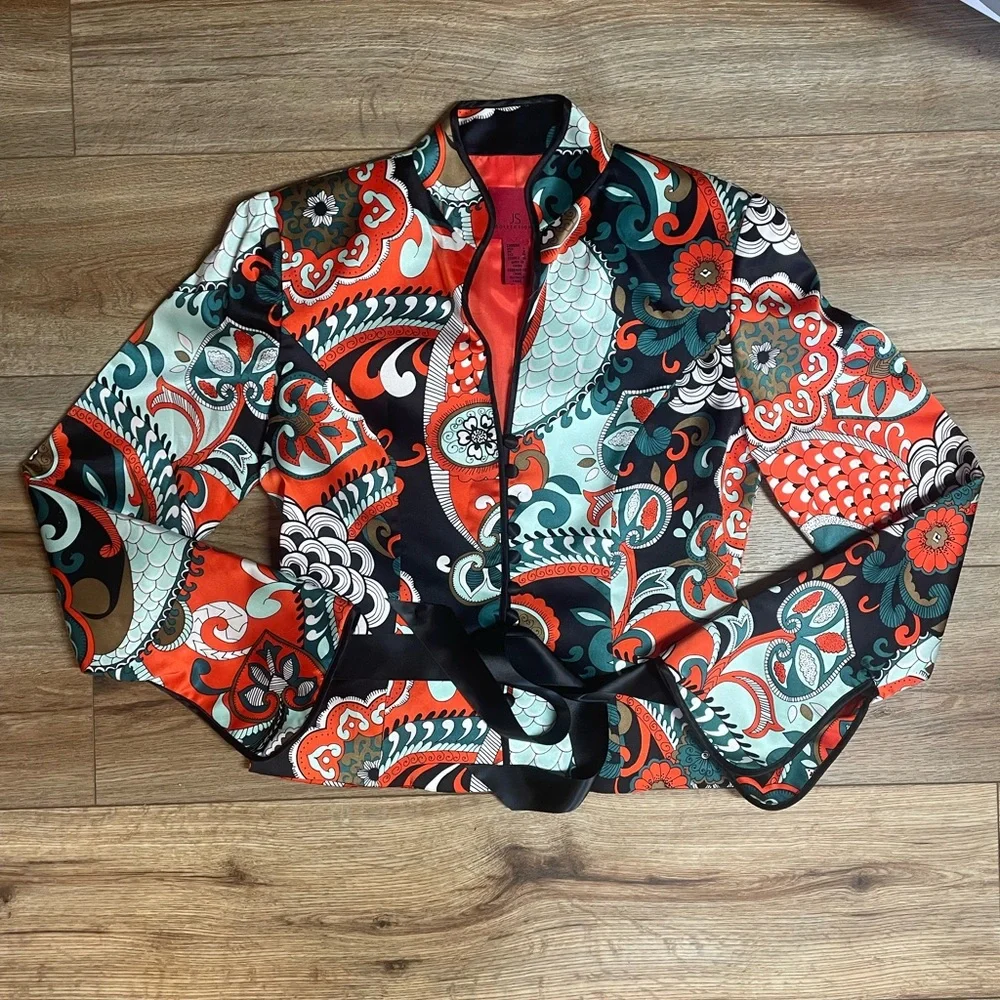 JS Collections 100% silk vintage paisley kimono Style button down jacket - Picture 3 of 14